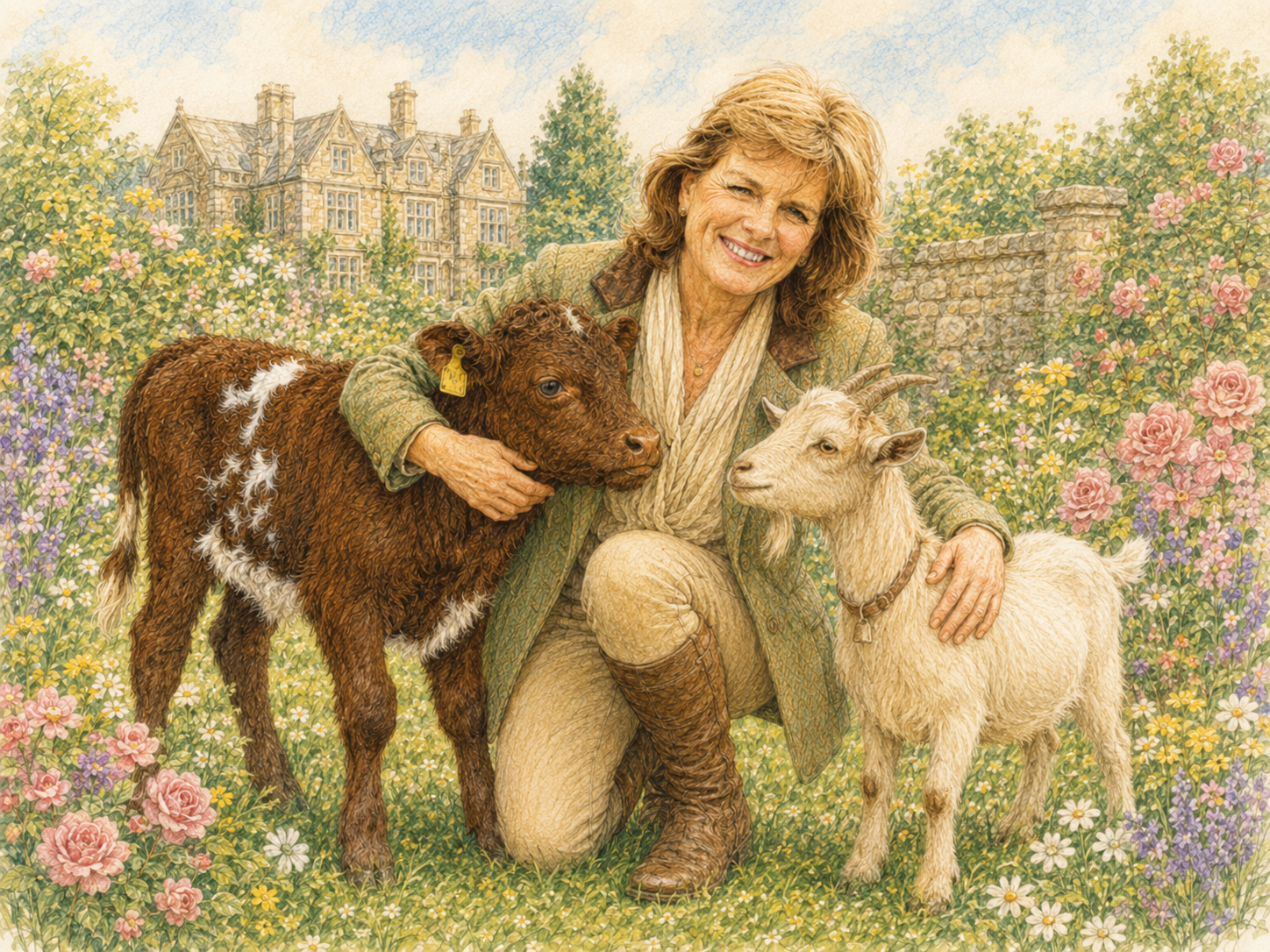 The Duchess with Stuart the calf and Gary the goat in the Belvoir gardens