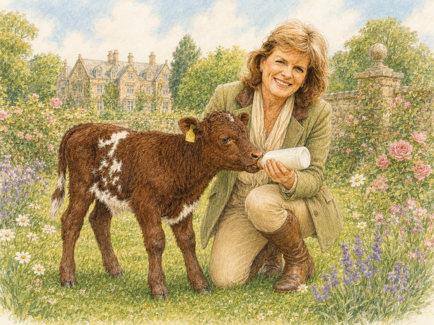 The Duchess bottle-feeding Stuart the calf in the Animal Park