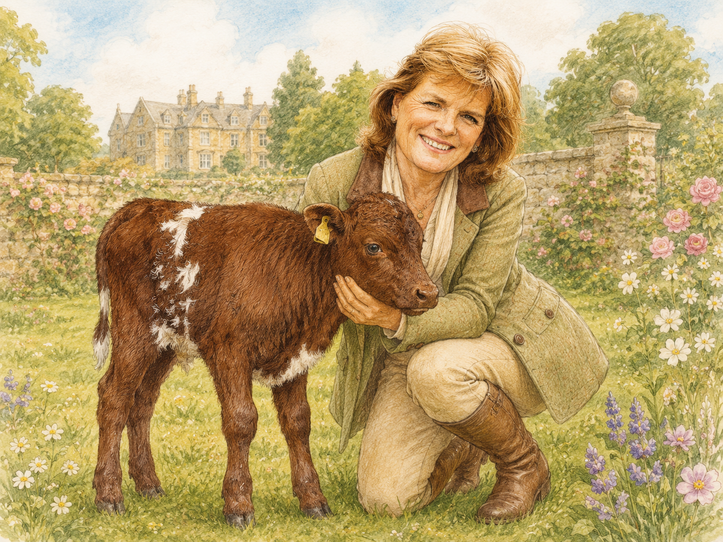 Emma, Duchess of Rutland with Stuart the calf in the Belvoir estate meadow