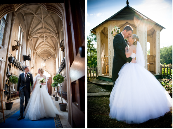 :eft: bride and groom walking through the castle entrance. Right: Bride and groom kissing in the gardens